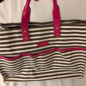 henri bendel Brown & White Striped Tote with Hot Pink Trim